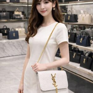 Long Chain Box Bag for Girls:   - Features a long chain for effortless wear   - Showcases a front YSL emblem for an elegant appearance   - Designed in a convenient side crossbody style